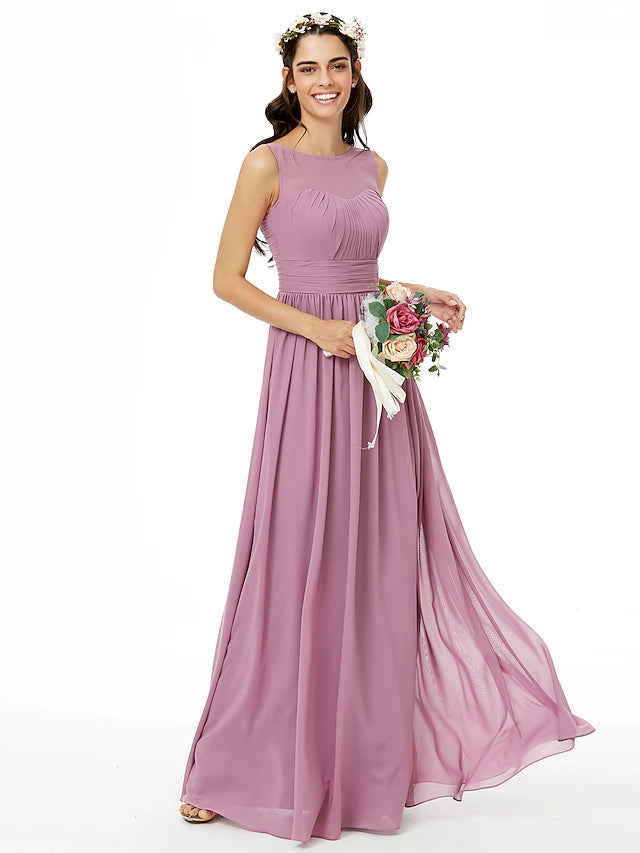 Luolandi A-Line Bridesmaid Dress Jewel Neck Sleeveless Open Back Floor Length Chiffon with Sash / Ribbon / Pleats